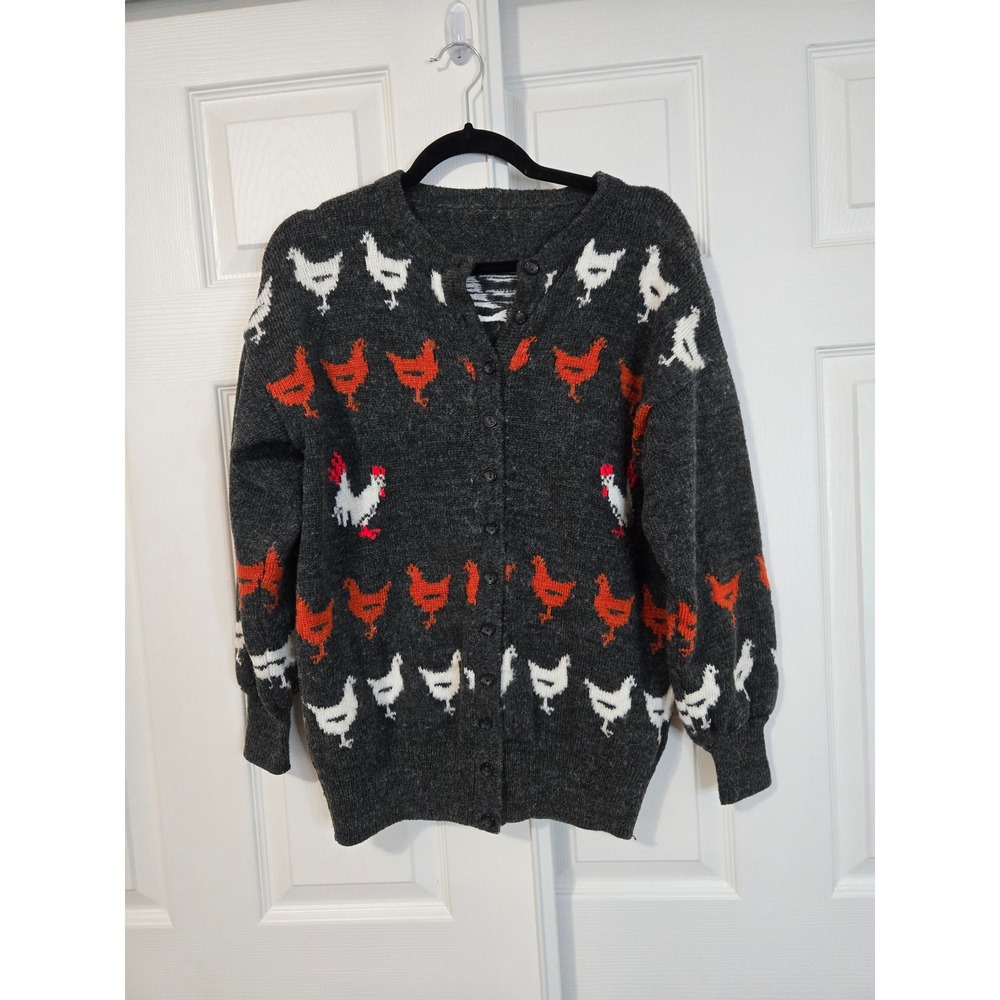Vintage Chicken Rooster Intarsia Knit Cardigan Sweater Charcoal Gray Farmhouse L